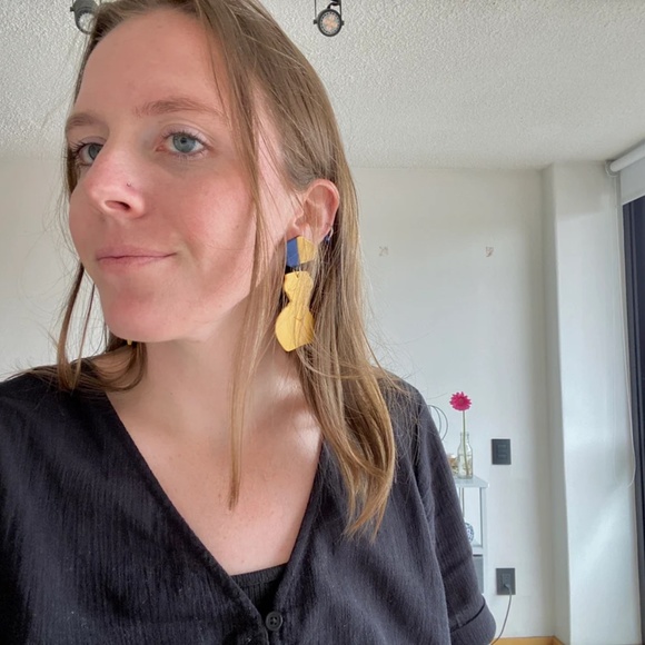 Handmade Clay Earrings | Forms of a Woman Silhouette | Yellow and Blue Mosaic - Picture 6 of 9